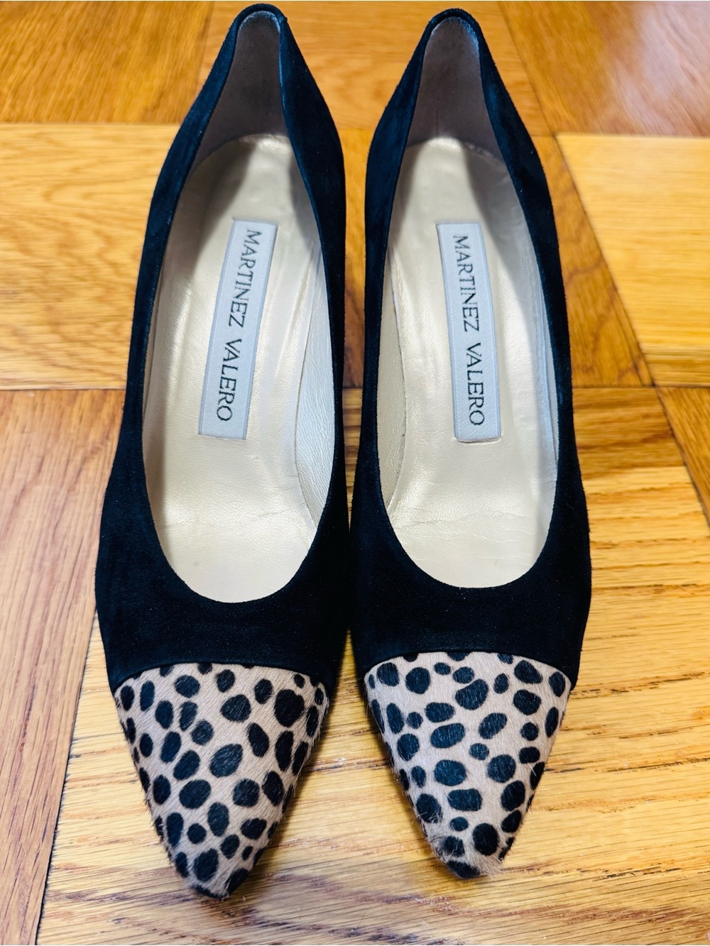 Martinez Valero Black Suede Pumps with Leopard-Print Cap Toe